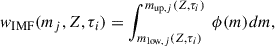 Mathematical equation: $$ \begin{aligned} w_\mathrm{IMF} (m_j, Z, \tau _i) = \int _{m_{\mathrm{low} ,j}(Z, \tau _i)}^{m_{\mathrm{up} ,j}(Z,\tau _i)}\ \phi (m)dm, \end{aligned} $$
