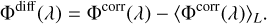 Mathematical equation: $\[\Phi^{\mathrm{diff}}(\lambda)=\Phi^{\mathrm{corr}}(\lambda)-\left\langle\Phi^{\mathrm{corr}}(\lambda)\right\rangle_L.\]$