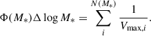 Mathematical equation: $$ \Phi (M_*) \Delta \log M_* = \sum _i^{N(M_*)} \frac{1}{V_{\text{max},i}}. $$
