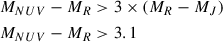 Mathematical equation: $$ \begin{aligned}&M_{NUV}-M_{R}>3\times (M_R-M_J)\\&M_{NUV}-M_R>3.1\end{aligned} $$