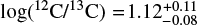 Mathematical equation: $\log \left( {^{12}{\rm{C}}{/^{13}}{\rm{C}}} \right) = 1.12_{ - 0.08}^{ + 0.11}$