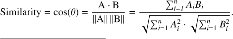 Mathematical equation: $\[\text { Similarity }=\cos (\theta)=\frac{\mathrm{A} \cdot \mathrm{~B}}{\|\mathrm{~A}\|\|\mathrm{B}\|}=\frac{\sum_{i=1}^n A_i B_i}{\sqrt{\sum_{i=1}^n A_i^2} \cdot \sqrt{\sum_{i=1}^n B_i^2}}.\]$