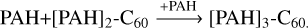 Mathematical equation: $\[\mathrm{PAH}+[\mathrm{PAH}]_{2}-\mathrm{C}_{60} \xrightarrow{+\mathrm{PAH}}[\mathrm{PAH}]_{3}-\mathrm{C}_{60}\]$