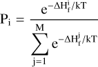 Mathematical equation: $\[\mathrm{P_i=\frac{e^{-\Delta H_f^i / k T}}{\sum_{j=1}^M e^{-\Delta H_f^j / k T}}}\]$