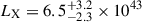 Mathematical equation: $ L_{\mathrm{X}} = 6.5^{+3.2}_{-2.3}\times10^{43} $
