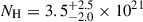 Mathematical equation: $ N_{\mathrm{H}} = 3.5^{+2.5}_{-2.0}\times10^{21} $