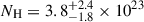Mathematical equation: $ N_{\mathrm{H}} = 3.8^{+2.4}_{-1.8}\times10^{23} $