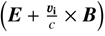 Mathematical equation: $e n_{\mathrm{i}}\left(\boldsymbol{E}+\frac{v_{\mathrm{i}}}{c} \times \boldsymbol{B}\right)$