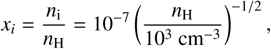 Mathematical equation: $x_{i}=\frac{n_{\mathrm{i}}}{n_{\mathrm{H}}}=10^{-7}\left(\frac{n_{\mathrm{H}}}{10^{3} \mathrm{~cm}^{-3}}\right)^{-1 / 2},$
