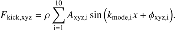 Mathematical equation: $\begin{equation*} F_{\mathrm{kick}, \mathrm{xyz}}=\rho \sum_{\mathrm{i}=1}^{10} A_{\mathrm{xyz}, \mathrm{i}} \sin \left(k_{\mathrm{mode}, \mathrm{i}} x+\phi_{\mathrm{xyz}, \mathrm{i}}\right).\end{equation*}$