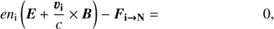 Mathematical equation: $e n_{\mathrm{i}}\left(\boldsymbol{E}+\frac{\boldsymbol{v}_{\mathbf{i}}}{c} \times \boldsymbol{B}\right)-\boldsymbol{F}_{\mathrm{i} \rightarrow \mathbf{N}}= 0,$
