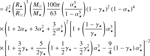 Mathematical equation: \begin{aligned} && = \hat{\epsilon}_\star^2 \left(\frac{\Rs}{\Rsun}\right)^3\left(\frac{\Msun}{\Ms}\right) \frac{100 \pi}{63} \left(\frac{\alpha_\star^5}{1-\alpha_\star^5}\right)\left(1-\gamma_\star\right)^2 \left(1-\alpha_\star\right)^4\\ &&\times\left(1+2\alpha_\star+3\alpha_\star^2+\frac{3}{2}\alpha_\star^3\right)^2\left[1+\left(\frac{1-\gamma_\star}{\gamma_\star}\right)\alpha_\star^3\right]\nonumber\\ &&\times\left[1+\frac{3}{2}\gamma_\star+\frac{5}{2\gamma_\star}\left(1+\frac{1}{2}\gamma_\star-\frac{3}{2}\gamma_\star^2\right)\alpha_\star^3-\frac{9}{4}\left(1-\gamma_\star\right)\alpha_\star^5\right]^{-2}\nonumber \end{aligned}