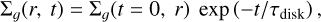 Mathematical equation: \Sigma_g(r,~t) = \Sigma_g(t=0,~r)~\exp\left(-t/\tau_{\rm disk}\right),