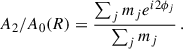 Mathematical equation: $$ \begin{aligned} A_2/A_0 (R) = \frac{\sum _j m_j e^{i2\phi _j}}{\sum _j m_j}\,. \end{aligned} $$