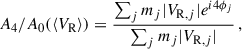 Mathematical equation: $$ \begin{aligned} A_4/A_0 (\langle V_{\rm R} \rangle ) = \frac{\sum _j m_j |V_{\mathrm{R},j}| e^{i4\phi _j}}{\sum _j m_j |V_{\mathrm{R},j}|}\,, \end{aligned} $$