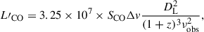 Mathematical equation: $$ \begin{aligned} L\prime _{\mathrm{CO}} = 3.25 \times 10^7 \times S_{\mathrm{CO}} \Delta v \frac{D_{\rm L}^2}{(1+z)^3 \nu _{\mathrm{obs}}^2}, \end{aligned} $$