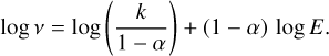 Mathematical equation: $\[\log~ \nu=\log \left(\frac{k}{1-\alpha}\right)+(1-\alpha) ~\log~ E.\]$
