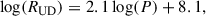 Mathematical equation: $$ \begin{aligned} \log (R_\mathrm{UD} ) = 2.1 \log (P) + 8.1, \end{aligned} $$