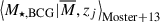 Mathematical equation: $ \left\langle M_{\star,\mathrm{BCG}} | \overline{{M}},{{z}}_{j} \right\rangle_{\mathrm{Moster+13}} $