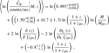 Mathematical equation: $$ \begin{aligned}&\left\langle \ln \left(\frac{\hat{C}_{\mathrm{R} }}{\mathrm{counts} /\mathrm{sec} } \bigg | {M},{z} \right)\right\rangle = \ln \left(0.093^{+0.029}_{-0.036}\right)\\&\qquad +\left(\left(1.50^{+0.20}_{-0.30}\right) + \left( 0.7\pm 1.5 \right)\ln \left(\frac{1 + {z}}{1 + z_{\mathrm{piv} }}\right) \right)\ln \left(\frac{{M}}{M_{\mathrm{piv} }}\right)\\&\qquad +2\ \ln \left(\frac{E\left({z}\right)}{E\left(z_{\mathrm{piv} }\right)}\right) -2\ \ln \left(\frac{D_{\mathrm{L} }\left({z}\right)}{D_{\mathrm{L} }\left(z_{\mathrm{piv} }\right)}\right) \\&\qquad \qquad \qquad +\left( -0.8^{+1.5}_{-1.1}\right)\ \ln \left(\frac{1 + {z}}{1 + z_{\mathrm{piv} }}\right) \, , \nonumber \end{aligned} $$