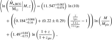 Mathematical equation: $$ \begin{aligned}&\left\langle \ln \left(\frac{\hat{M}_{\star ,\mathrm{BCG} }}{{\mathrm{M} _{\odot }}} \bigg | {M},{z} \right)\right\rangle = \left( 11.547^{+0.083}_{-0.074} \right)\ \ln \left(10\right)\nonumber \\&\qquad +\left( \left( 0.184^{+0.068}_{-0.16} \right) + \left( 0.22\pm 0.29 \right)\ \left( \frac{ \frac{{z}}{z_{\mathrm{piv} }} }{ \frac{1 + {z}}{1 + z_{\mathrm{piv} }} } - 1\right) \right) \ln \left(\frac{{M}}{M_{\mathrm{piv} }}\right)\nonumber \\&\qquad +\left( 1.49^{+0.88}_{-0.75} \right)\ \ln \left(\frac{1 + {z}}{1 + z_{\mathrm{piv} }}\right) \, , \nonumber \end{aligned} $$