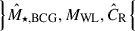 Mathematical equation: $ \left\}\hat{M}_{\star,\mathrm{BCG}}, M_{\mathrm{WL}}, \hat{C}_{\mathrm{R}}\right\{ $