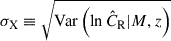 Mathematical equation: $ \sigma_{\mathrm{X}}\equiv\sqrt{\mathrm{Var}\left(\ln\hat{C}_{\mathrm{R}} | {M}, {z}\right)} $