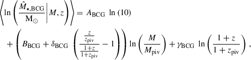 Mathematical equation: $$ \begin{aligned}&\left\langle \ln \left(\frac{{\hat{M}_{\star ,\mathrm{BCG} }}}{{\mathrm{M}_{\odot }}} \bigg | {M},{z} \right)\right\rangle =A_{\mathrm{BCG} }\ \ln \left(10\right) \nonumber \\&\quad + \left( B_{\mathrm{BCG} } + \delta _{\mathrm{BCG} }\ \left( \frac{ \frac{{z}}{z_{\mathrm{piv} }} }{ \frac{1 + {z}}{1 + z_{\mathrm{piv} }} } - 1\right) \right) \ln \left(\frac{{M}}{M_{\mathrm{piv} }}\right) + \gamma _{\mathrm{BCG} }\ \ln \left(\frac{1 + {z}}{1 + z_{\mathrm{piv} }}\right) \, , \end{aligned} $$