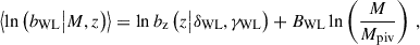 Mathematical equation: $$ \begin{aligned} \left\langle \ln \left( b_{\mathrm{WL} } \big | {M},{z} \right)\right\rangle = \ln b_{\mathrm{z} }\left({z} \big | \delta _{\mathrm{WL} }, \gamma _{\mathrm{WL} } \right) + B_{\mathrm{WL} } \ln \left(\frac{{M}}{M_{\mathrm{piv} }}\right) \, , \end{aligned} $$