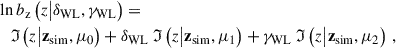 Mathematical equation: $$ \begin{aligned}&\ln b_{\mathrm{z} }\left({z} \big | \delta _{\mathrm{WL} }, \gamma _{\mathrm{WL} } \right) = \nonumber \\&\quad \mathfrak{I} \left({z} \big | \mathbf{z }_{\mathrm{sim} }, \mathbf \mu _0 \right) + \delta _{\mathrm{WL} }\ \mathfrak{I} \left({z} \big | \mathbf{z }_{\mathrm{sim} }, \mathbf \mu _1 \right) + \gamma _{\mathrm{WL} }\ \mathfrak{I} \left({z} \big | \mathbf{z }_{\mathrm{sim} }, \mathbf \mu _2 \right) \, , \end{aligned} $$