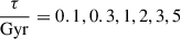 Mathematical equation: $ \frac{\tau}{\mathrm{Gyr}} = 0.1, 0.3, 1, 2, 3, 5 $
