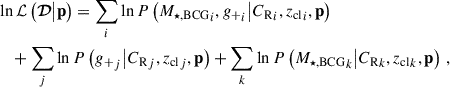 Mathematical equation: $$ \begin{aligned}&\ln \mathcal{L} \left(\boldsymbol{\mathcal{D} } \big | \mathbf p \right) =\sum _{i}\ln P\left( {M_{\star ,\mathrm{BCG} }}_{i}, {{g_{+}}}_{i} \big | {C_{\mathrm{R} }}_{i}, {z_{\mathrm{cl} }}_{i}, \mathbf p \right) \nonumber \\&\quad + \sum _{j}\ln P\left( {{g_{+}}}_{j} \big | {C_{\mathrm{R} }}_{j}, {z_{\mathrm{cl} }}_{j}, \mathbf p \right) +\sum _{k}\ln P\left( {M_{\star ,\mathrm{BCG} }}_{k} \big | {C_{\mathrm{R} }}_{k}, {z_{\mathrm{cl} }}_{k}, \mathbf p \right) \, , \end{aligned} $$