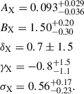 Mathematical equation: $$ \begin{aligned}&A_{\mathrm{X} } =0.093^{+0.029}_{-0.036} \,\nonumber \\&B_{\mathrm{X} } = 1.50^{+0.20}_{-0.30} \,\nonumber \\&\delta _{\mathrm{X} } = 0.7\pm 1.5 \, \\&\gamma _{\mathrm{X} } = -0.8^{+1.5}_{-1.1} \,\nonumber \\&\sigma _{\mathrm{X} } = 0.56^{+0.17}_{-0.23}. \,\nonumber \end{aligned} $$