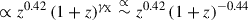 Mathematical equation: $ \propto{z}^{0.42}\left(1 + z\right)^{\gamma_{\mathrm{X}}} \stackrel{\propto}{\sim} {z}^{0.42}\left(1 + z\right)^{-0.44} $