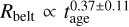 Mathematical equation: $\[R_{\text {belt}} \propto t_{\text {age}}^{0.37 \pm 0.11}\]$