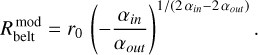 Mathematical equation: $\[R_{\mathrm{belt}}^{\bmod }=r_0\left(-\frac{\alpha_{in}}{\alpha_{out}}\right)^{1 /\left(2 \alpha_{in}-2 \alpha_{out}\right)}.\]$