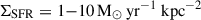 Mathematical equation: $ \Sigma_\mathrm{{SFR}} = 1{-}10\, \mathrm{{M}_{\odot}\,\rm{yr}^{-1}\;kpc^{-2}} $