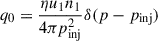 Mathematical equation: $ q_0= \frac{\eta u_1 n_1}{4 \pi p_{\mathrm{inj}}^2} \delta (p-p_{\mathrm{inj}}) $