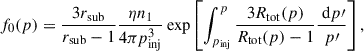 Mathematical equation: $$ \begin{aligned} f_0(p) = \frac{3 r_{\rm sub}}{r_{\rm sub} - 1}\frac{\eta n_1}{4 \pi p_{\rm inj}^3} \exp \left[ \int _{p_{\rm inj}}^p \frac{3 R_{\rm tot}(p)}{R_{\rm tot}(p)-1} \frac{\text{ d}p\prime }{p\prime }\right] ,\end{aligned} $$