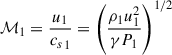 Mathematical equation: $ {\cal M}_1 = \frac{u_1}{{c_s}_1} = \left(\frac{\rho_1 u_1^2}{\gamma P_1} \right)^{1/2} $