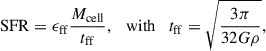 Mathematical equation: $$ \begin{aligned} \mathrm{SFR} = \epsilon _{\rm ff} \frac{M_{\rm cell}}{t_{\rm ff}}, \quad \mathrm{with} \quad t_{\rm ff} = \sqrt{\frac{3\pi }{32G\rho }}, \end{aligned} $$