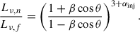 Mathematical equation: $$ \begin{aligned} \frac{L_{\nu ,n}}{L_{\nu ,f}}=\left(\frac{1+\beta \cos \theta }{1-\beta \cos \theta }\right)^{3+\alpha _{\rm inj}}. \end{aligned} $$