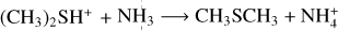 Mathematical equation: $\left(\mathrm{CH}_{3}\right)_{2} \mathrm{SH}^{+}+ \mathrm{NH}_{3} \rightarrow \mathrm{CH}_{3} \mathrm{SCH}_{3}+\mathrm{NH}_{4}^{+}$