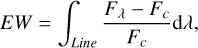 Mathematical equation: EW=\int_{Line}\frac{F_{\lambda}-F_{c}}{F_{c}}{\rm d}\lambda,