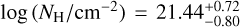 Mathematical equation: $\log \left(N_{\mathrm{H}} / \mathrm{cm}^{-2}\right)=21.44_{-0.80}^{+0.72}$