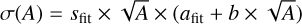 Mathematical equation: $\sigma(A)=s_{\mathrm{fit}} \times \sqrt{A} \times\left(a_{\mathrm{fit}}+b \times \sqrt{A}\right)$