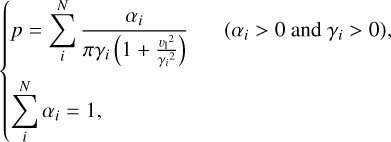 Mathematical equation: $\left\{\begin{array}{l}p=\sum_{i}^{N} \frac{\alpha_{i}}{\pi \gamma_{i}\left(1+\frac{v_{1}{ }^{2}}{\gamma_{i}{ }^{2}}\right)} \quad\left(\alpha_{i} \gt 0 \text { and } \gamma_{i} \gt 0\right),\\ \sum_{i}^{N} \alpha_{i}=1,\end{array}\right.$