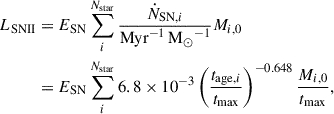 Mathematical equation: $$ \begin{aligned} L_{\rm {SNII}}&= E_{\rm {SN}} \sum _{i}^{N_{\rm {star}}}\frac{ \dot{N}_{\mathrm{SN} , i}}{\mathrm{{Myr}^{-1}} \, \mathrm{{M}_{\odot }}^{-1}} M_{i,0}\nonumber \\&= E_{\rm {SN}}\sum _{i}^{N_{\rm {star}}} 6.8 \times 10^{-3} \left(\frac{t_{\mathrm{{age}},i}}{t_{\rm {max}}} \right)^{-0.648} \frac{M_{i,0}}{t_{\rm {max}}}, \end{aligned} $$