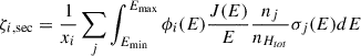 Mathematical equation: $$ \begin{aligned} \zeta _{i,\mathrm {sec}} = \frac{1}{x_i} \sum _j \int _{E_{\rm min}}^{E_{\rm max}} \phi _i(E)\frac{J(E)}{E} \frac{n_j}{n_{H_{tot}}} \sigma _j(E) d E \end{aligned} $$
