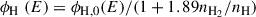 Mathematical equation: $$ \begin{aligned} \phi _{\rm H\,\,}(E)&= \phi _{\rm H,0}(E) / (1+1.89n_{\rm H_2}/n_{\rm H})\end{aligned} $$